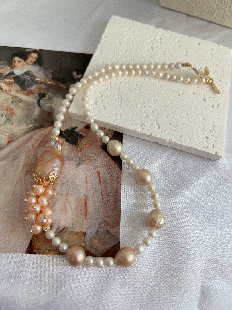 #PN1109 [Floral Series] Freshwater Pearl Necklace| 41cm| 26mm Pink Golden Fishtail Baroque Pearl| 5mm Chunky Baby Pearl| 9-10mm Rare Light Pastal Champagne Baroque Pearl| Always Have A Style