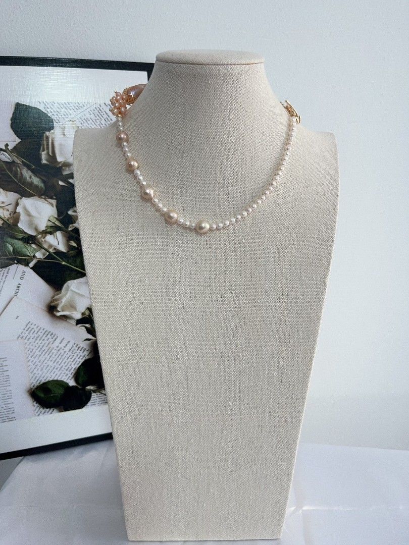 #PN1109 [Floral Series] Freshwater Pearl Necklace| 41cm| 26mm Pink Golden Fishtail Baroque Pearl| 5mm Chunky Baby Pearl| 9-10mm Rare Light Pastal Champagne Baroque Pearl| Always Have A Style