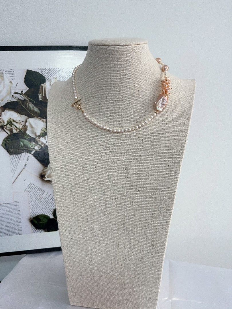 #PN1109 [Floral Series] Freshwater Pearl Necklace| 41cm| 26mm Pink Golden Fishtail Baroque Pearl| 5mm Chunky Baby Pearl| 9-10mm Rare Light Pastal Champagne Baroque Pearl| Always Have A Style
