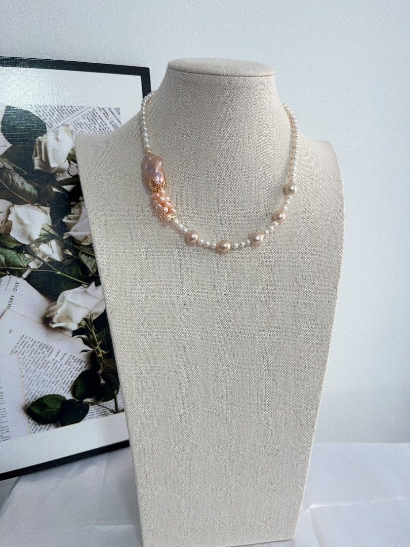 #PN1109 [Floral Series] Freshwater Pearl Necklace| 41cm| 26mm Pink Golden Fishtail Baroque Pearl| 5mm Chunky Baby Pearl| 9-10mm Rare Light Pastal Champagne Baroque Pearl| Always Have A Style