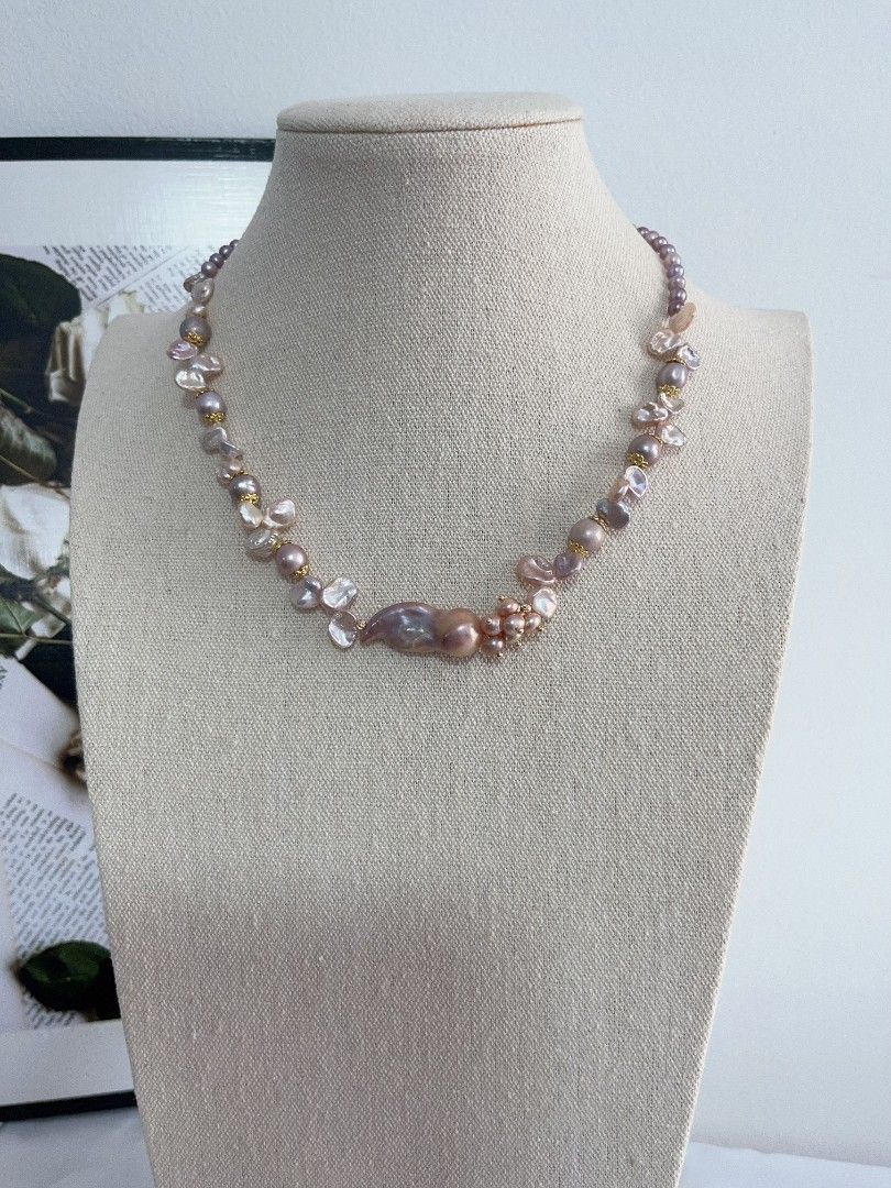 #PN1110 [Floral Series] Freshwater Pearl Necklace| 42cm| Jellyfish 🪼 Like Fishtail Baroque Pearl 30mm| Silver-purple Irregular Stone Pearl| Blueberry 4-5mm Baby Pearl| You Are Non-predictable