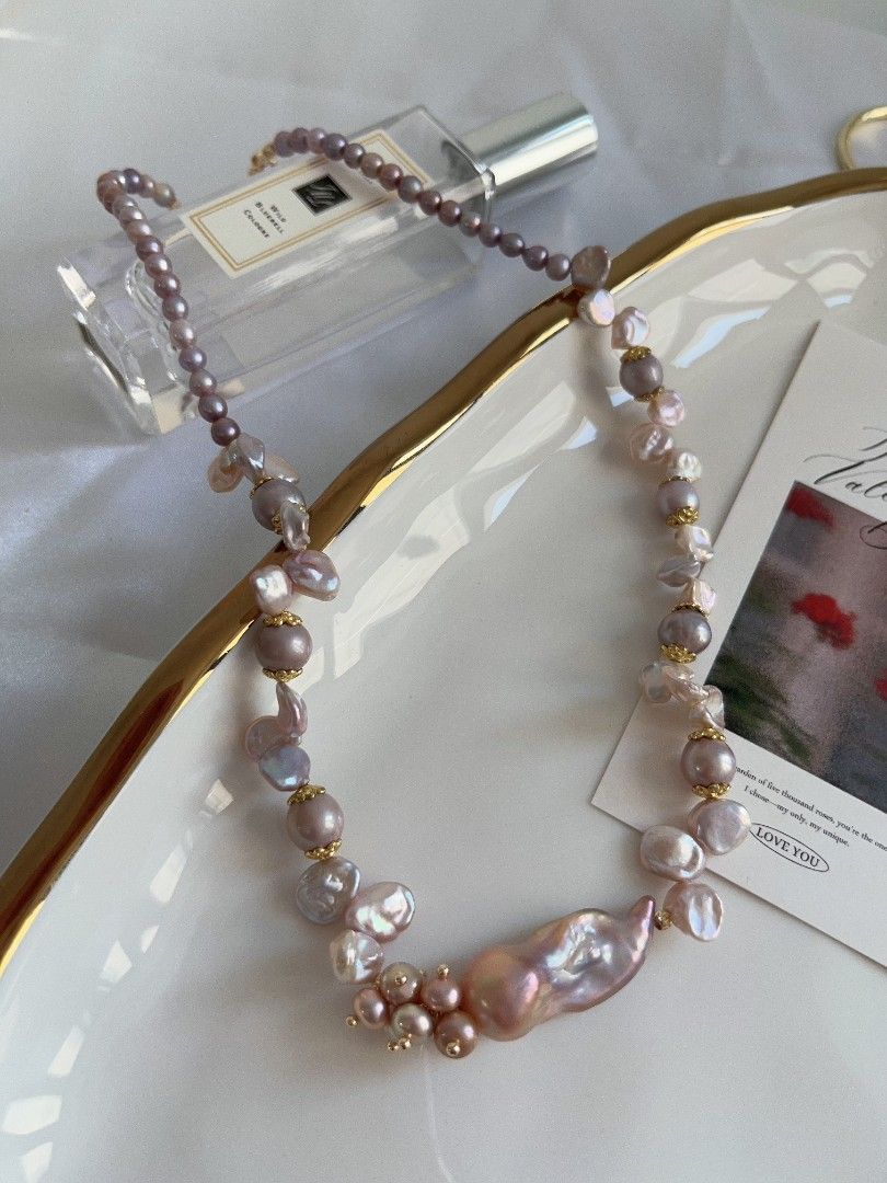 #PN1110 [Floral Series] Freshwater Pearl Necklace| 42cm| Jellyfish 🪼 Like Fishtail Baroque Pearl 30mm| Silver-purple Irregular Stone Pearl| Blueberry 4-5mm Baby Pearl| You Are Non-predictable