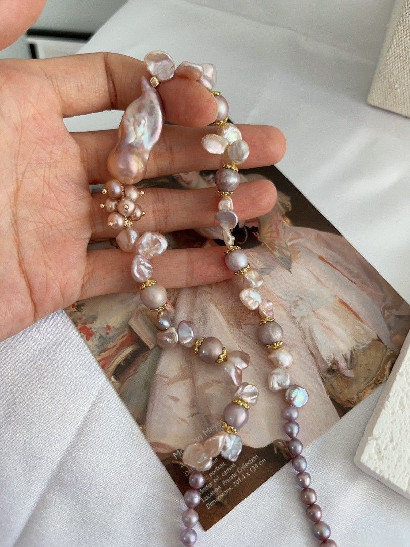#PN1110 [Floral Series] Freshwater Pearl Necklace| 42cm| Jellyfish 🪼 Like Fishtail Baroque Pearl 30mm| Silver-purple Irregular Stone Pearl| Blueberry 4-5mm Baby Pearl| You Are Non-predictable