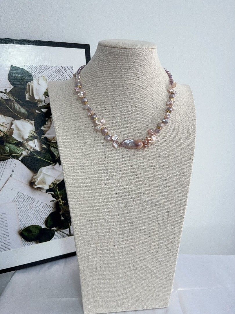 #PN1110 [Floral Series] Freshwater Pearl Necklace| 42cm| Jellyfish 🪼 Like Fishtail Baroque Pearl 30mm| Silver-purple Irregular Stone Pearl| Blueberry 4-5mm Baby Pearl| You Are Non-predictable