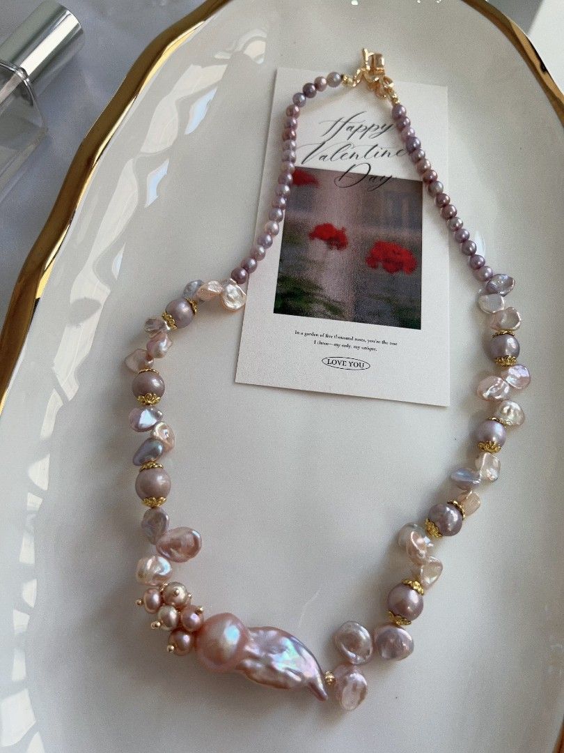 #PN1110 [Floral Series] Freshwater Pearl Necklace| 42cm| Jellyfish 🪼 Like Fishtail Baroque Pearl 30mm| Silver-purple Irregular Stone Pearl| Blueberry 4-5mm Baby Pearl| You Are Non-predictable