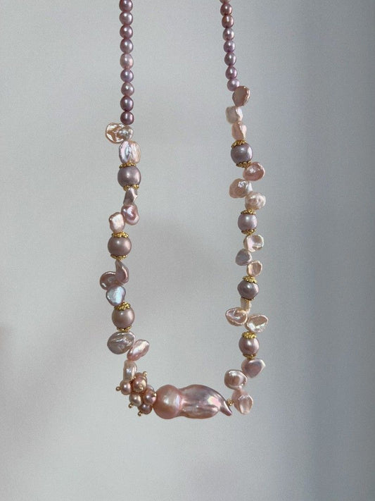 #PN1110 [Floral Series] Freshwater Pearl Necklace| 42cm| Jellyfish 🪼 Like Fishtail Baroque Pearl 30mm| Silver-purple Irregular Stone Pearl| Blueberry 4-5mm Baby Pearl| You Are Non-predictable