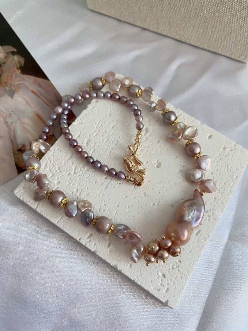 #PN1110 [Floral Series] Freshwater Pearl Necklace| 42cm| Jellyfish 🪼 Like Fishtail Baroque Pearl 30mm| Silver-purple Irregular Stone Pearl| Blueberry 4-5mm Baby Pearl| You Are Non-predictable