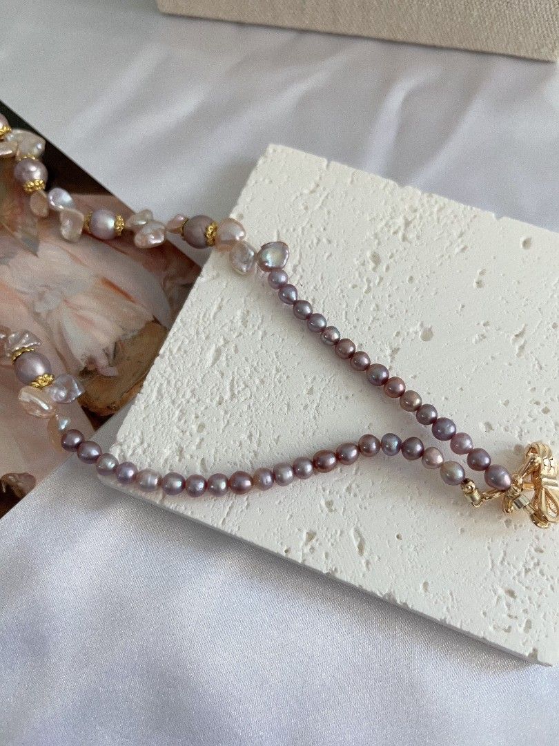 #PN1110 [Floral Series] Freshwater Pearl Necklace| 42cm| Jellyfish 🪼 Like Fishtail Baroque Pearl 30mm| Silver-purple Irregular Stone Pearl| Blueberry 4-5mm Baby Pearl| You Are Non-predictable