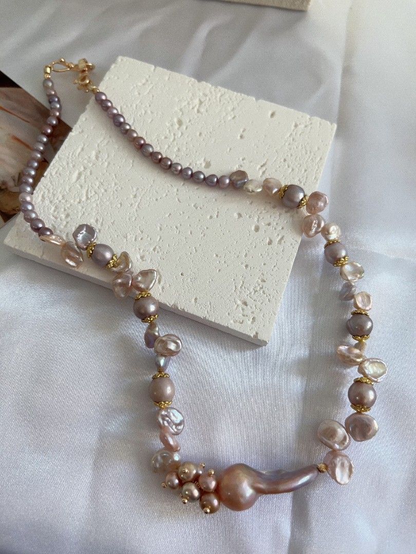 #PN1110 [Floral Series] Freshwater Pearl Necklace| 42cm| Jellyfish 🪼 Like Fishtail Baroque Pearl 30mm| Silver-purple Irregular Stone Pearl| Blueberry 4-5mm Baby Pearl| You Are Non-predictable