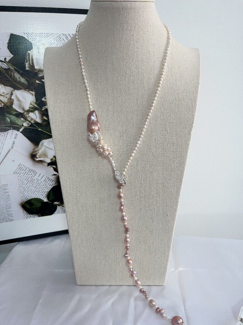 #PN1112 [Floral Series] Freshwater Pearl Necklace| 80cm Sweater Necklace Enough for 2 Rounds| Multi Way of Wearing| White Big Thin Petals 13mm| Smooth Skin Fishtail Baroque Pearl 26mm Lustrous| 13mm Big Water drop Pearl| Zircon Leaf Clasp| Y Shape Design