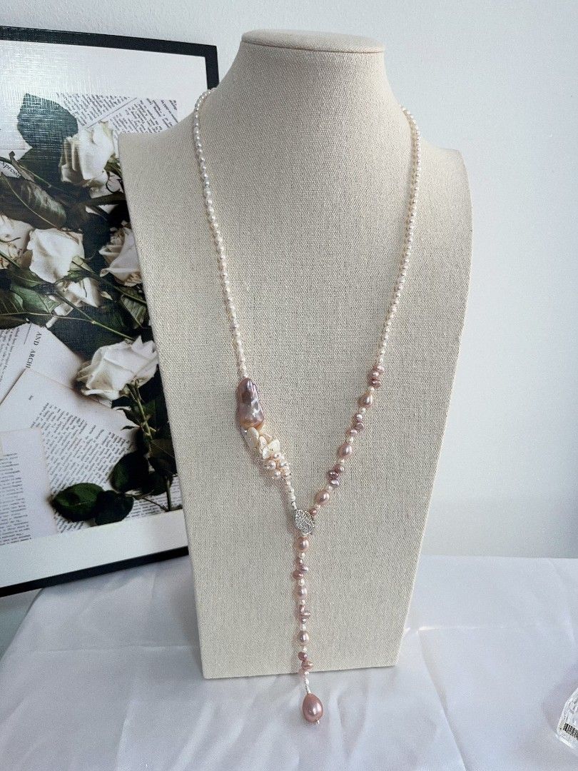 #PN1112 [Floral Series] Freshwater Pearl Necklace| 80cm Sweater Necklace Enough for 2 Rounds| Multi Way of Wearing| White Big Thin Petals 13mm| Smooth Skin Fishtail Baroque Pearl 26mm Lustrous| 13mm Big Water drop Pearl| Zircon Leaf Clasp| Y Shape Design