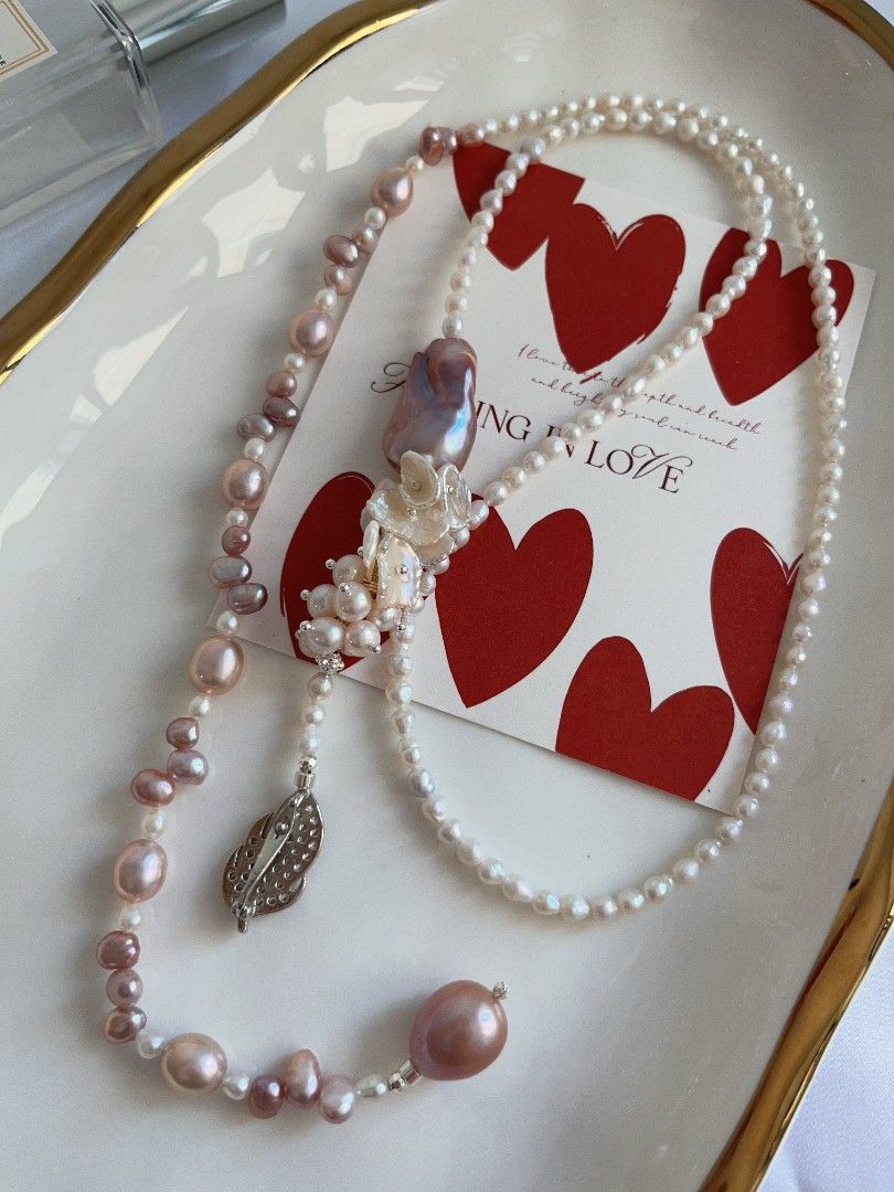 #PN1112 [Floral Series] Freshwater Pearl Necklace| 80cm Sweater Necklace Enough for 2 Rounds| Multi Way of Wearing| White Big Thin Petals 13mm| Smooth Skin Fishtail Baroque Pearl 26mm Lustrous| 13mm Big Water drop Pearl| Zircon Leaf Clasp| Y Shape Design