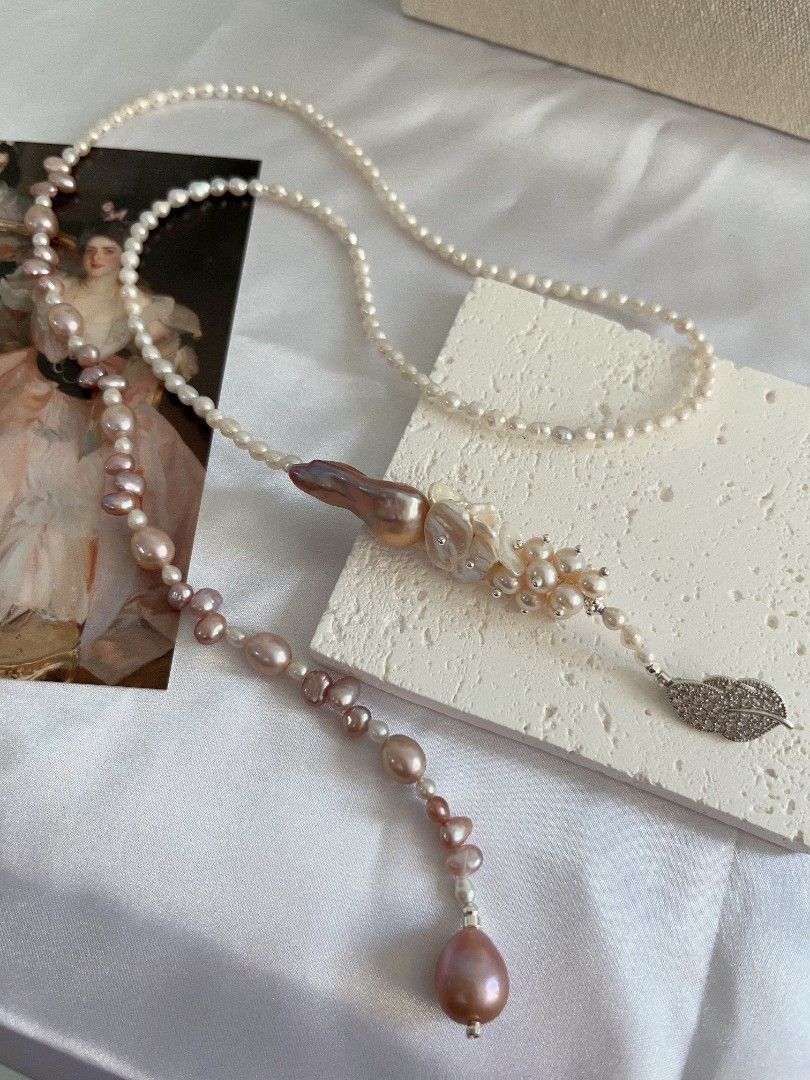 #PN1112 [Floral Series] Freshwater Pearl Necklace| 80cm Sweater Necklace Enough for 2 Rounds| Multi Way of Wearing| White Big Thin Petals 13mm| Smooth Skin Fishtail Baroque Pearl 26mm Lustrous| 13mm Big Water drop Pearl| Zircon Leaf Clasp| Y Shape Design