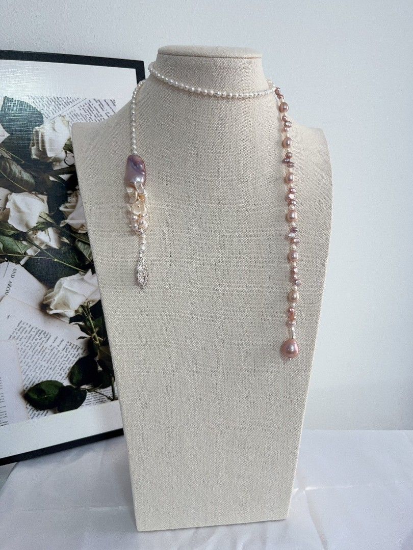 #PN1112 [Floral Series] Freshwater Pearl Necklace| 80cm Sweater Necklace Enough for 2 Rounds| Multi Way of Wearing| White Big Thin Petals 13mm| Smooth Skin Fishtail Baroque Pearl 26mm Lustrous| 13mm Big Water drop Pearl| Zircon Leaf Clasp| Y Shape Design
