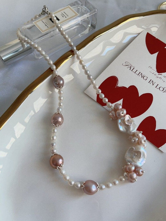 #PN1114 [Floral Series] Freshwater Pearl Necklace 42+5cm| Rose Garden Theme| Petal-on-pearl Design| Lustrous|10mm Metallic Purple Baroque| Your Taste of Aesthetics