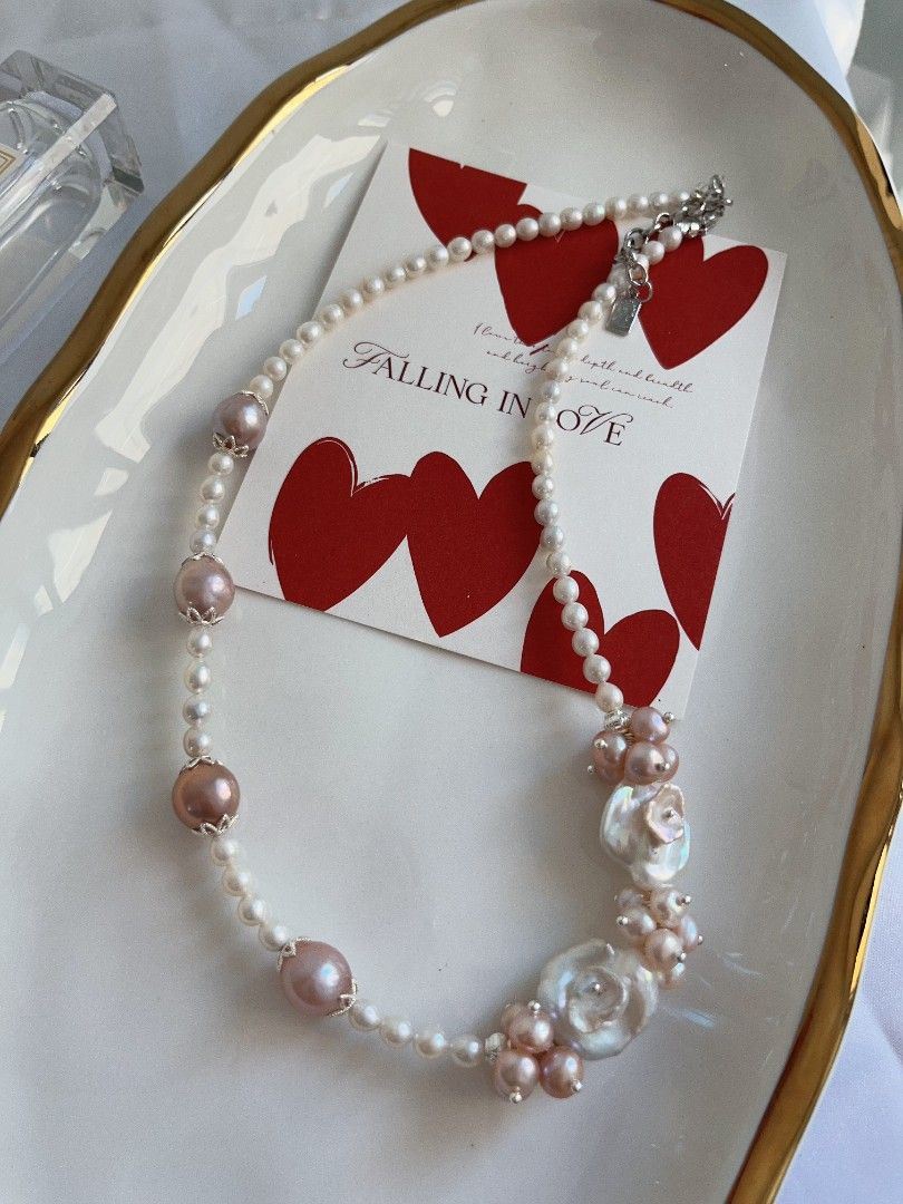 #PN1114 [Floral Series] Freshwater Pearl Necklace 42+5cm| Rose Garden Theme| Petal-on-pearl Design| Lustrous|10mm Metallic Purple Baroque| Your Taste of Aesthetics