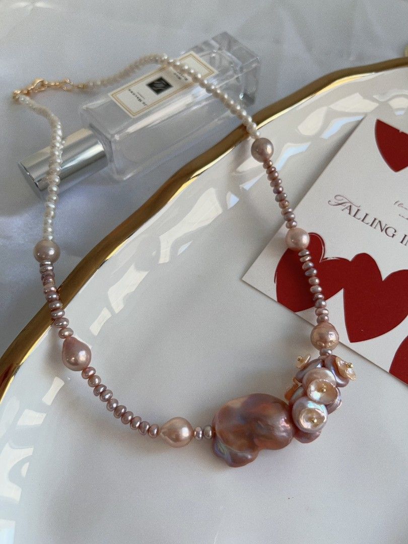 #PN1115 [Floral Series] Freshwater Pearl Necklace| 45cm| Mixed Colors| Smooth Purple Fishtail Baroque Pearl| Petal-on-coin Designs| Lustrous Wrinkle Baroque| Fine Jewelry for You