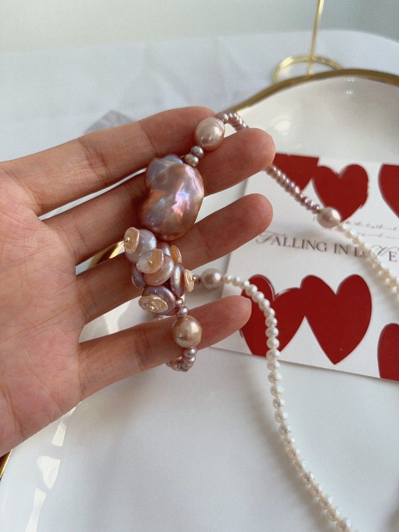 #PN1115 [Floral Series] Freshwater Pearl Necklace| 45cm| Mixed Colors| Smooth Purple Fishtail Baroque Pearl| Petal-on-coin Designs| Lustrous Wrinkle Baroque| Fine Jewelry for You