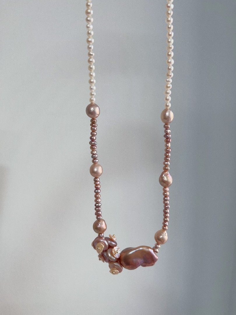 #PN1115 [Floral Series] Freshwater Pearl Necklace| 45cm| Mixed Colors| Smooth Purple Fishtail Baroque Pearl| Petal-on-coin Designs| Lustrous Wrinkle Baroque| Fine Jewelry for You