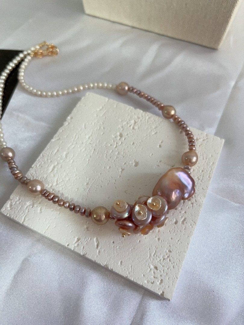 #PN1115 [Floral Series] Freshwater Pearl Necklace| 45cm| Mixed Colors| Smooth Purple Fishtail Baroque Pearl| Petal-on-coin Designs| Lustrous Wrinkle Baroque| Fine Jewelry for You