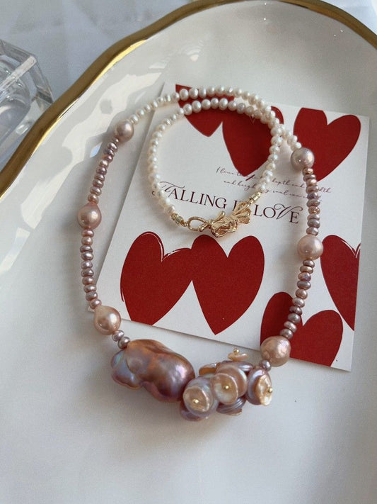 #PN1115 [Floral Series] Freshwater Pearl Necklace| 45cm| Mixed Colors| Smooth Purple Fishtail Baroque Pearl| Petal-on-coin Designs| Lustrous Wrinkle Baroque| Fine Jewelry for You