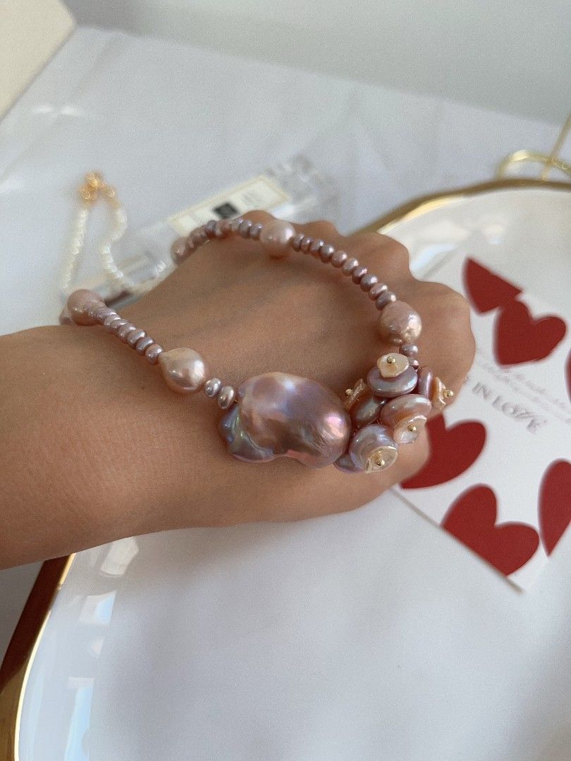 #PN1115 [Floral Series] Freshwater Pearl Necklace| 45cm| Mixed Colors| Smooth Purple Fishtail Baroque Pearl| Petal-on-coin Designs| Lustrous Wrinkle Baroque| Fine Jewelry for You