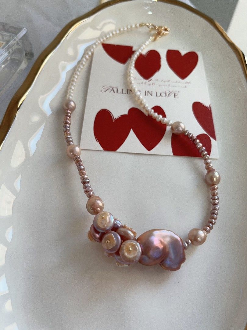 #PN1115 [Floral Series] Freshwater Pearl Necklace| 45cm| Mixed Colors| Smooth Purple Fishtail Baroque Pearl| Petal-on-coin Designs| Lustrous Wrinkle Baroque| Fine Jewelry for You