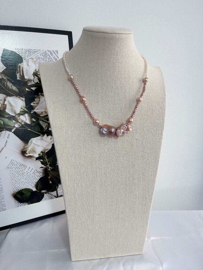 #PN1115 [Floral Series] Freshwater Pearl Necklace| 45cm| Mixed Colors| Smooth Purple Fishtail Baroque Pearl| Petal-on-coin Designs| Lustrous Wrinkle Baroque| Fine Jewelry for You