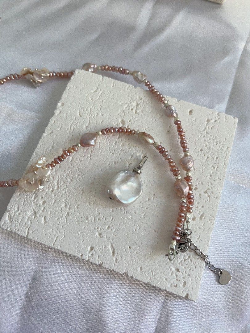 #PN1116 [Floral Series] Freshwater Pearl Necklace| 41+5cm| Irregular Stone Pearl| 3mm Baby Pearl| Detachable Pendant| Thin Leaf Petals| Dainty & Young