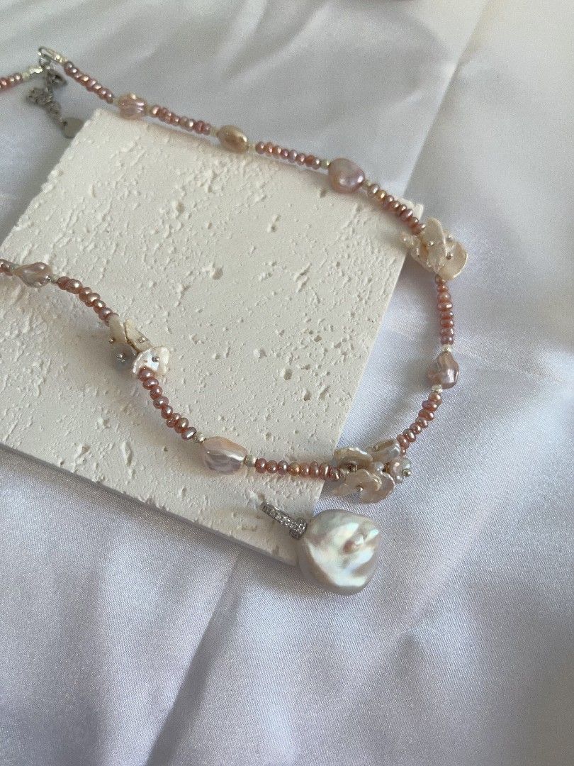 #PN1116 [Floral Series] Freshwater Pearl Necklace| 41+5cm| Irregular Stone Pearl| 3mm Baby Pearl| Detachable Pendant| Thin Leaf Petals| Dainty & Young