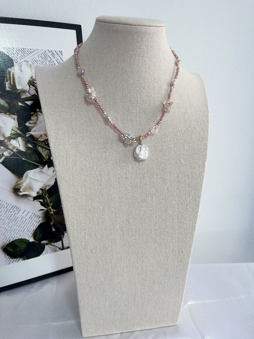 #PN1116 [Floral Series] Freshwater Pearl Necklace| 41+5cm| Irregular Stone Pearl| 3mm Baby Pearl| Detachable Pendant| Thin Leaf Petals| Dainty & Young