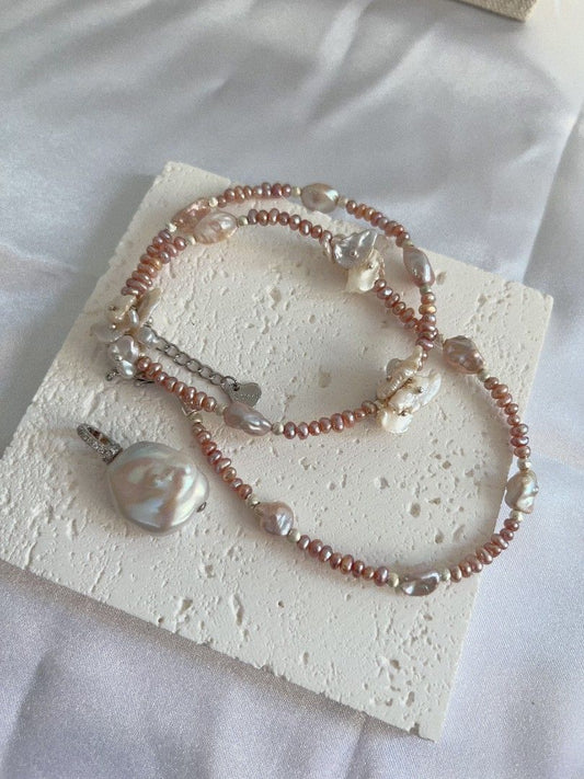 #PN1116 [Floral Series] Freshwater Pearl Necklace| 41+5cm| Irregular Stone Pearl| 3mm Baby Pearl| Detachable Pendant| Thin Leaf Petals| Dainty & Young