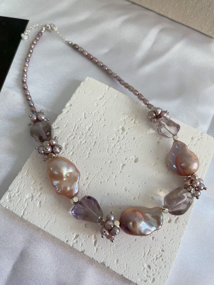 #PN1117 [Floral Series] Freshwater Pearl Necklace| Hollowen Theme| Dark Purple 3mm Baby Rice Pearl| Metallic Purple 23mm Fishtail Baroque| Top Clarity Amethyst Freeform| Gothic Style| 38+5cm