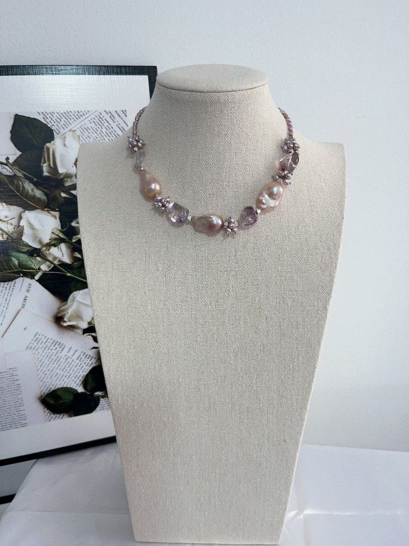 #PN1117 [Floral Series] Freshwater Pearl Necklace| Hollowen Theme| Dark Purple 3mm Baby Rice Pearl| Metallic Purple 23mm Fishtail Baroque| Top Clarity Amethyst Freeform| Gothic Style| 38+5cm