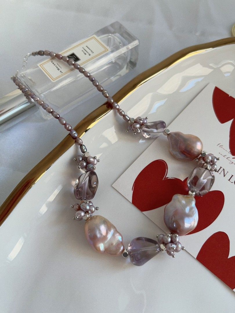 #PN1117 [Floral Series] Freshwater Pearl Necklace| Hollowen Theme| Dark Purple 3mm Baby Rice Pearl| Metallic Purple 23mm Fishtail Baroque| Top Clarity Amethyst Freeform| Gothic Style| 38+5cm