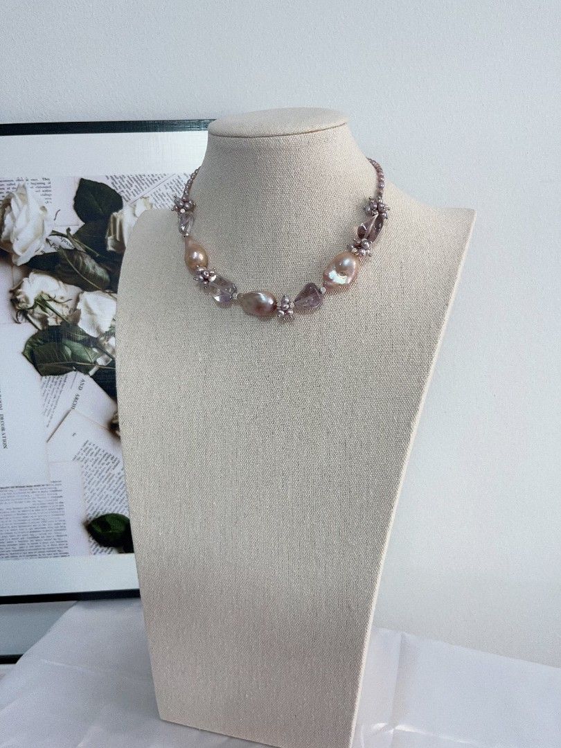 #PN1117 [Floral Series] Freshwater Pearl Necklace| Hollowen Theme| Dark Purple 3mm Baby Rice Pearl| Metallic Purple 23mm Fishtail Baroque| Top Clarity Amethyst Freeform| Gothic Style| 38+5cm