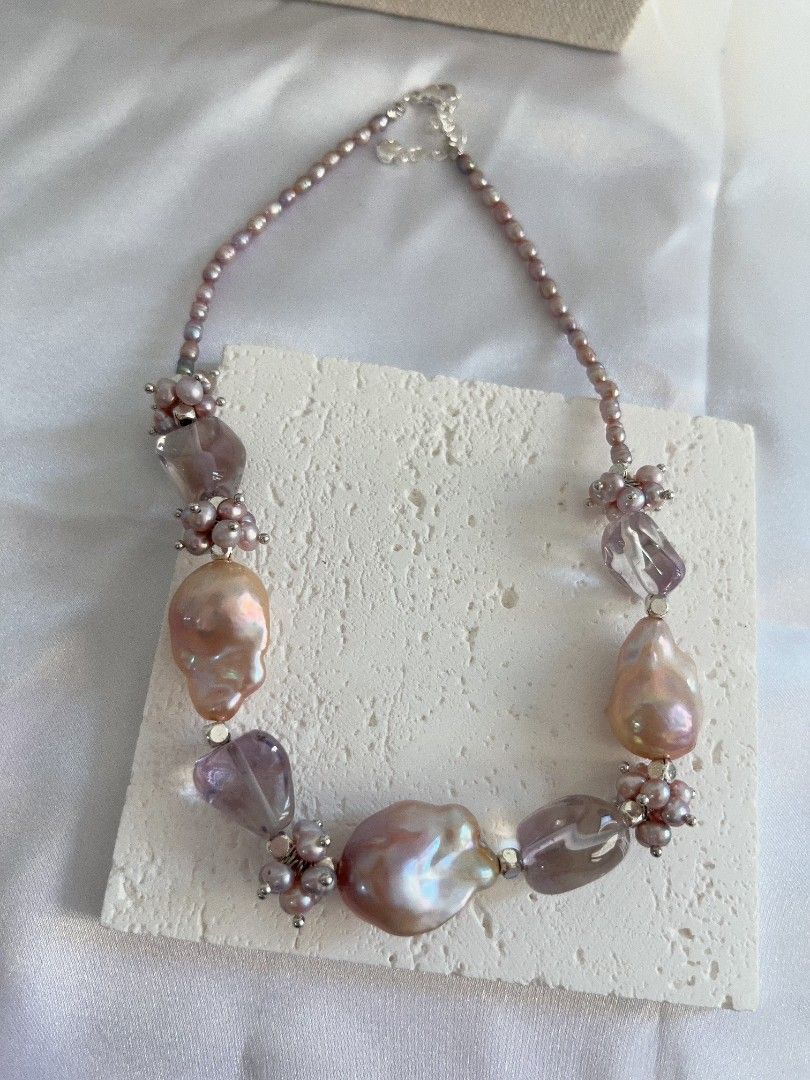 #PN1117 [Floral Series] Freshwater Pearl Necklace| Hollowen Theme| Dark Purple 3mm Baby Rice Pearl| Metallic Purple 23mm Fishtail Baroque| Top Clarity Amethyst Freeform| Gothic Style| 38+5cm