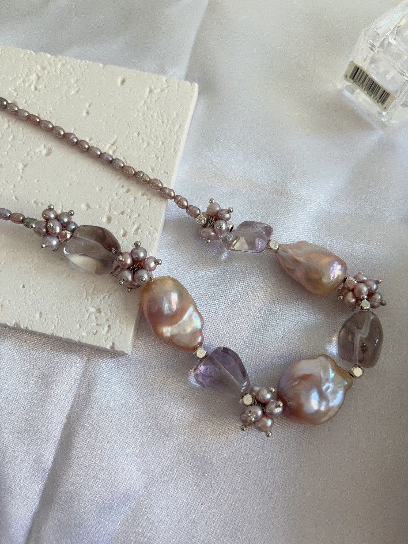 #PN1117 [Floral Series] Freshwater Pearl Necklace| Hollowen Theme| Dark Purple 3mm Baby Rice Pearl| Metallic Purple 23mm Fishtail Baroque| Top Clarity Amethyst Freeform| Gothic Style| 38+5cm