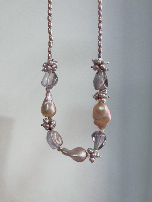 #PN1117 [Floral Series] Freshwater Pearl Necklace| Hollowen Theme| Dark Purple 3mm Baby Rice Pearl| Metallic Purple 23mm Fishtail Baroque| Top Clarity Amethyst Freeform| Gothic Style| 38+5cm