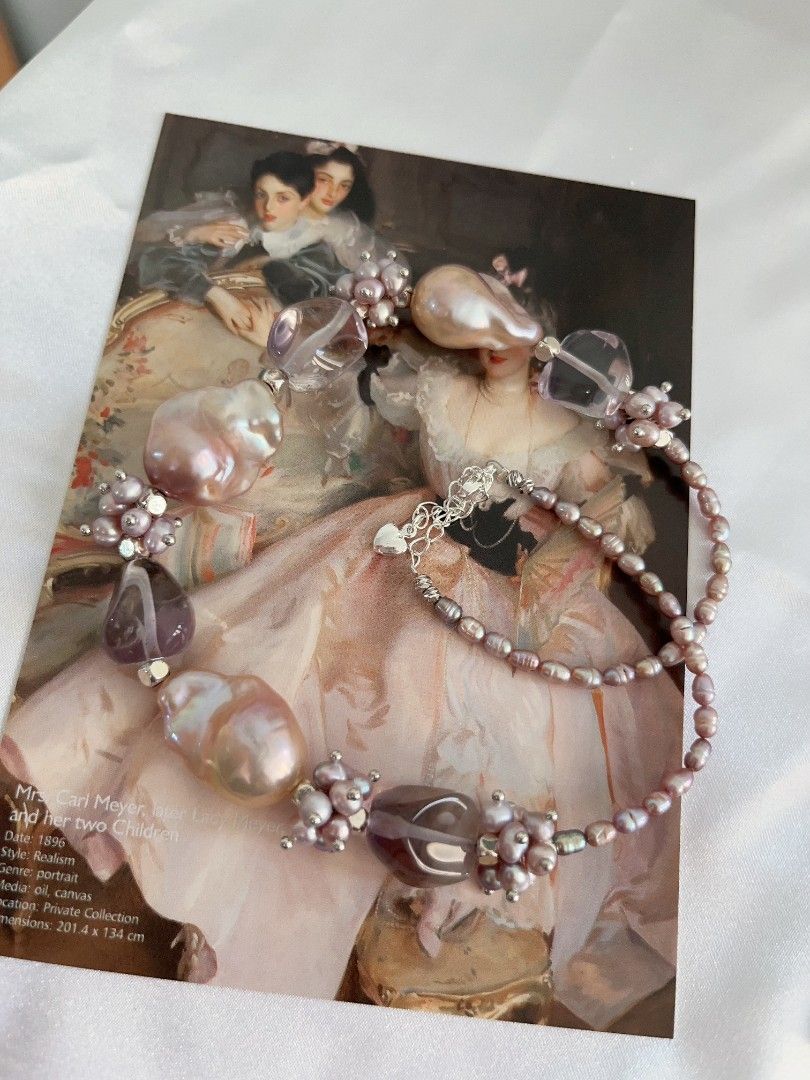 #PN1117 [Floral Series] Freshwater Pearl Necklace| Hollowen Theme| Dark Purple 3mm Baby Rice Pearl| Metallic Purple 23mm Fishtail Baroque| Top Clarity Amethyst Freeform| Gothic Style| 38+5cm