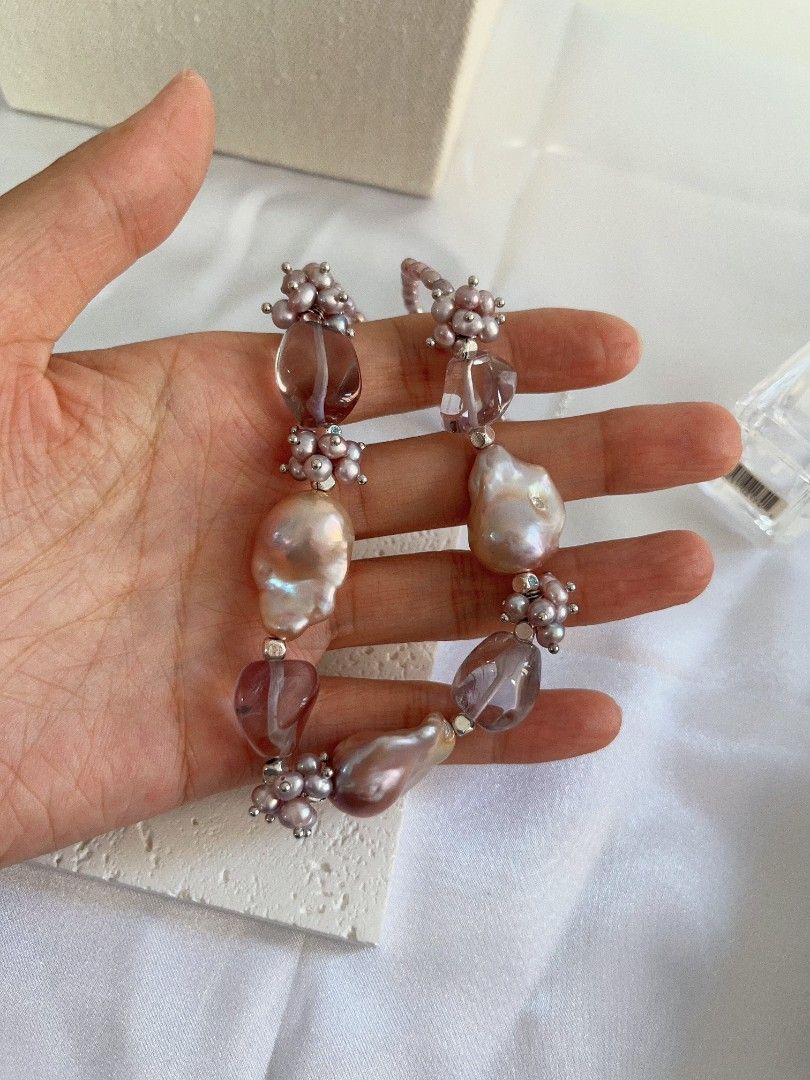 #PN1117 [Floral Series] Freshwater Pearl Necklace| Hollowen Theme| Dark Purple 3mm Baby Rice Pearl| Metallic Purple 23mm Fishtail Baroque| Top Clarity Amethyst Freeform| Gothic Style| 38+5cm