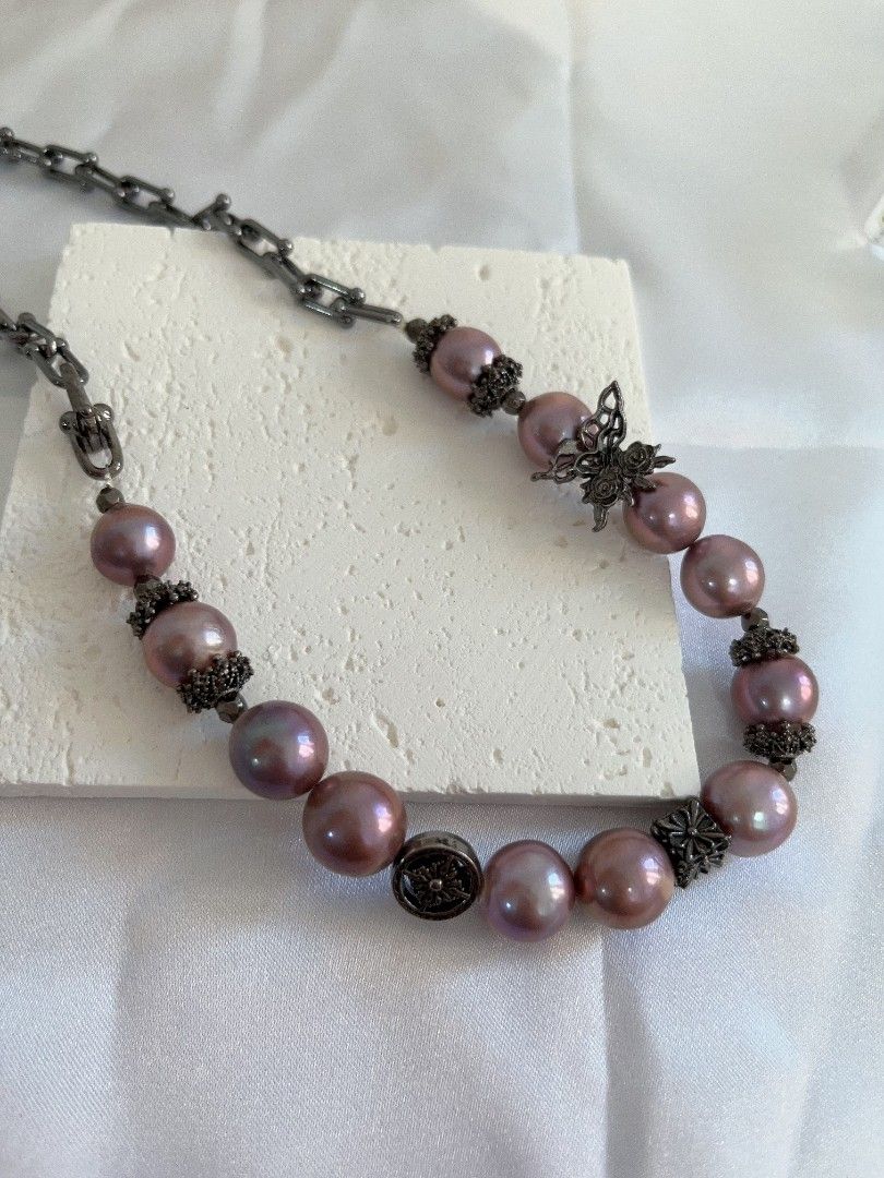 #PN1119 Freshwater Pearl Necklace| Butterfly 🦋| Gothic Style| Halloween 👻 Party| 47cm Flexible Length| Blueberry Baroque 11-13mm Lustrous| Natural Flaws