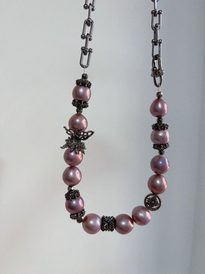 #PN1119 Freshwater Pearl Necklace| Butterfly 🦋| Gothic Style| Halloween 👻 Party| 47cm Flexible Length| Blueberry Baroque 11-13mm Lustrous| Natural Flaws