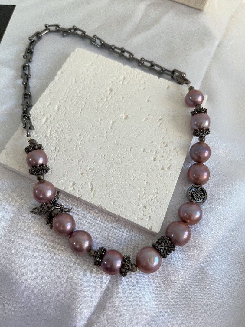 #PN1119 Freshwater Pearl Necklace| Butterfly 🦋| Gothic Style| Halloween 👻 Party| 47cm Flexible Length| Blueberry Baroque 11-13mm Lustrous| Natural Flaws