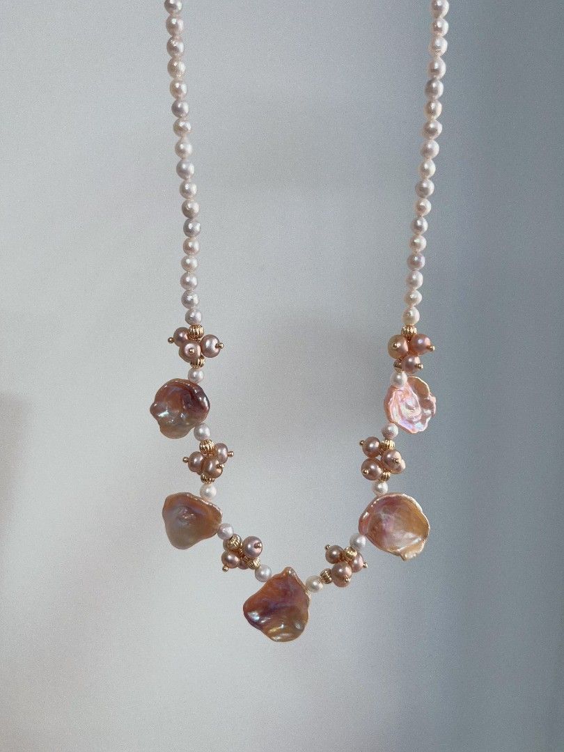 #PN1120 [Floral Series] Freshwater Pearl Necklace| 43+5cm| 4mm Wrinkle Baroque Pearl| 20mm Big Lustrous Petals| Chunky Floral| Heart 💕 Clasp| Dancing Flowers at Your Neck