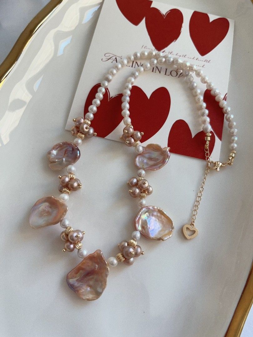 #PN1120 [Floral Series] Freshwater Pearl Necklace| 43+5cm| 4mm Wrinkle Baroque Pearl| 20mm Big Lustrous Petals| Chunky Floral| Heart 💕 Clasp| Dancing Flowers at Your Neck