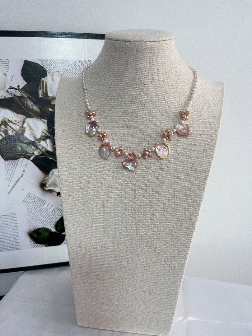 #PN1120 [Floral Series] Freshwater Pearl Necklace| 43+5cm| 4mm Wrinkle Baroque Pearl| 20mm Big Lustrous Petals| Chunky Floral| Heart 💕 Clasp| Dancing Flowers at Your Neck