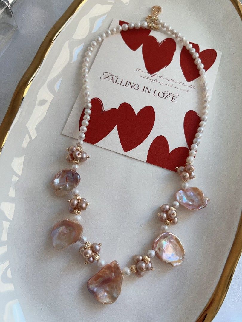 #PN1120 [Floral Series] Freshwater Pearl Necklace| 43+5cm| 4mm Wrinkle Baroque Pearl| 20mm Big Lustrous Petals| Chunky Floral| Heart 💕 Clasp| Dancing Flowers at Your Neck