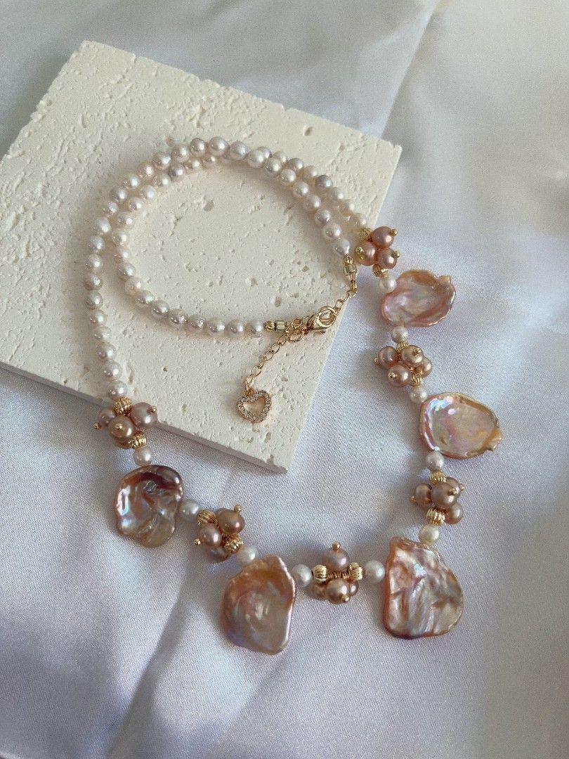 #PN1120 [Floral Series] Freshwater Pearl Necklace| 43+5cm| 4mm Wrinkle Baroque Pearl| 20mm Big Lustrous Petals| Chunky Floral| Heart 💕 Clasp| Dancing Flowers at Your Neck