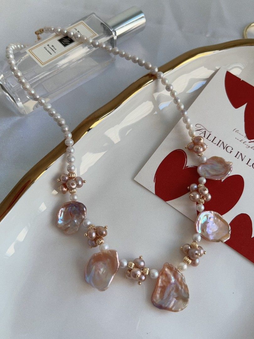 #PN1120 [Floral Series] Freshwater Pearl Necklace| 43+5cm| 4mm Wrinkle Baroque Pearl| 20mm Big Lustrous Petals| Chunky Floral| Heart 💕 Clasp| Dancing Flowers at Your Neck